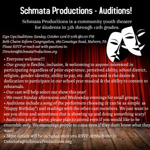 Sign-ups/Auditions for Schmata Productions Community Youth Theater